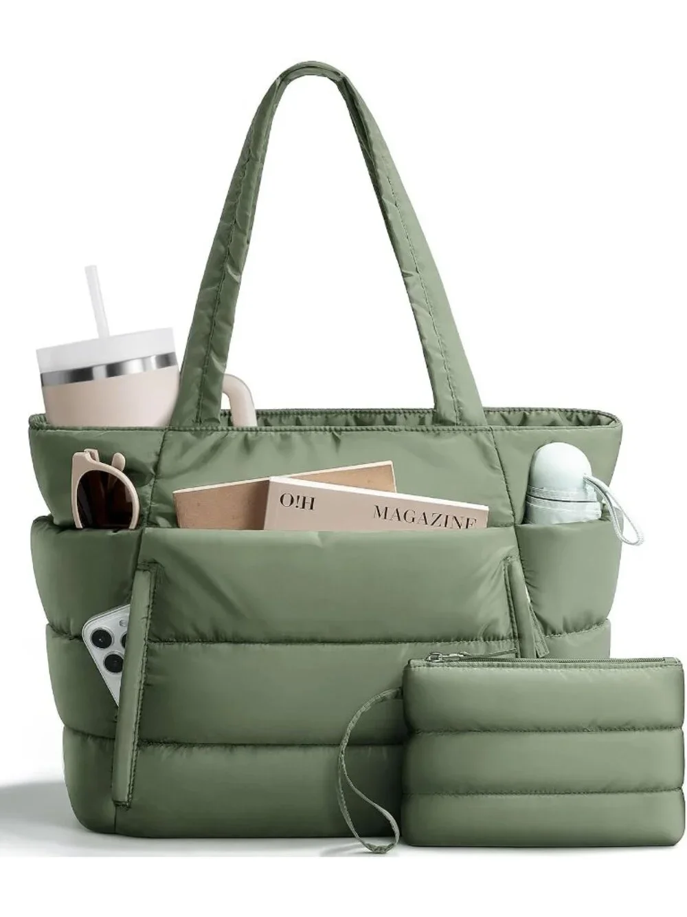 👜Women's Sage Green Puffer Tote Bag 16 Pockets Work Gym Travel Laptop Handbag